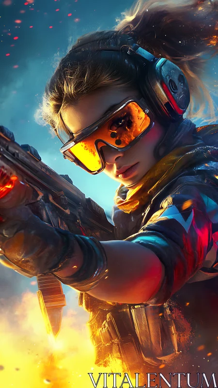 Neon Ember Sharpshooter Locked in a Cyber Battlefield Blaze.