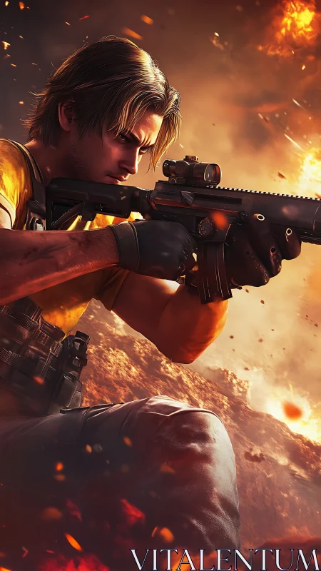 Battle-hardened rifleman aims under blazing firestorm sky.