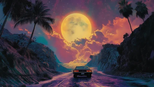Neon coastline highway under colossal lunar horizon glow.