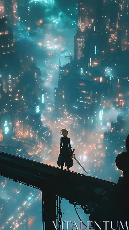 Lone swordsman surveys neon-drenched cyberpunk megacity.