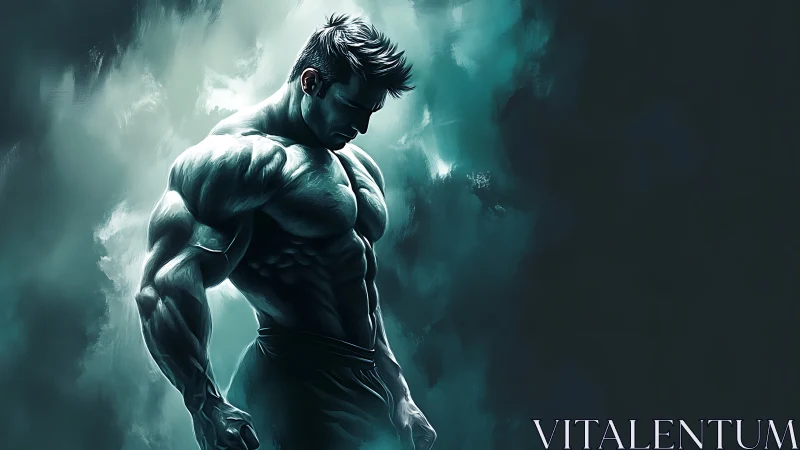 Stormlit titan in quiet profile, carved from teal shadows.