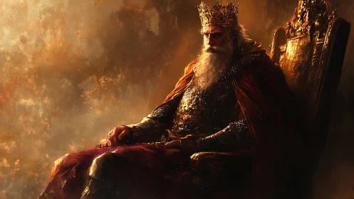Aged war king sits on gilded throne in burning dusk light