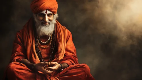 Gentle elder in orange robes glowing with calm presence.
