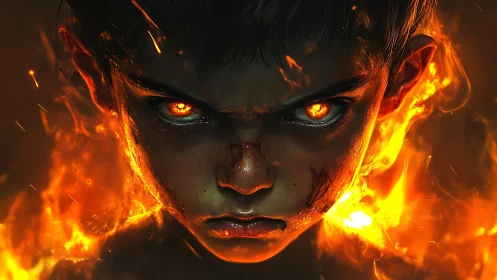 Inferno-eyed prodigy staring down the dark with wild fire.