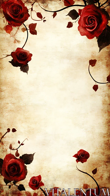 Vintage parchment background with red rose border design.