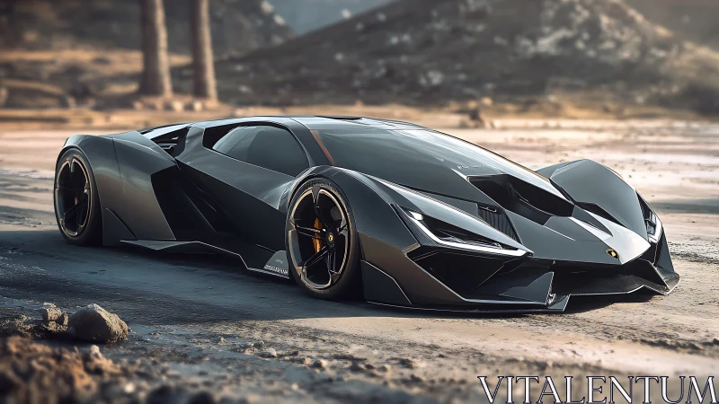 Futuristic low-profile supercar on dry coastal roadway.