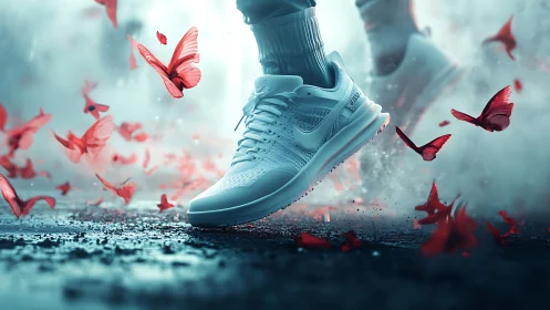 White running sneaker races through a storm of scarlet butterflies.