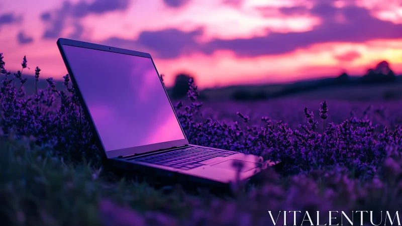Photorealistic laptop in violet meadow at neon sunset glow.