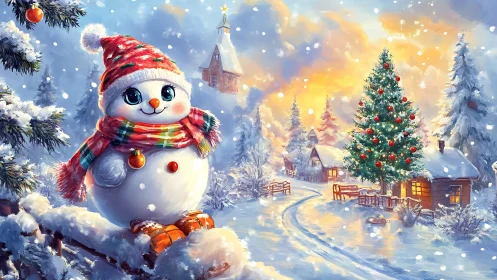 Snowman with scarf in illuminated winter village landscape.