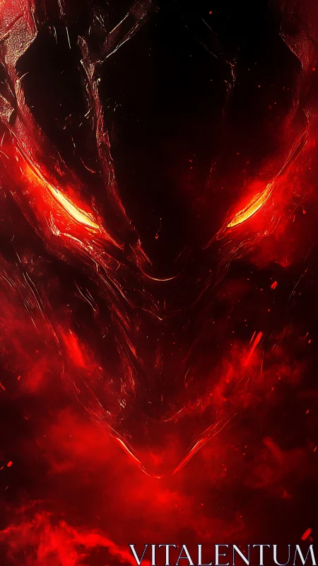 Hellish demonic face emerging from red inferno glow.