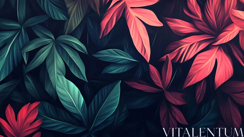 Tropical foliage pattern with teal and red stylized leaves.