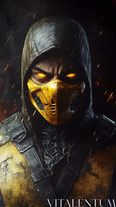 Hooded fire-eyed warrior in a battle-scarred yellow mask.