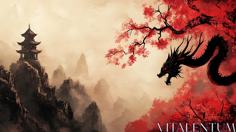 Mountain temple faces black dragon under red autumn tree