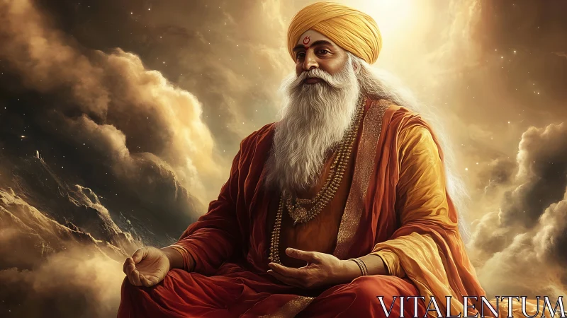 Mystic elder in golden aura amid ethereal mountain clouds.