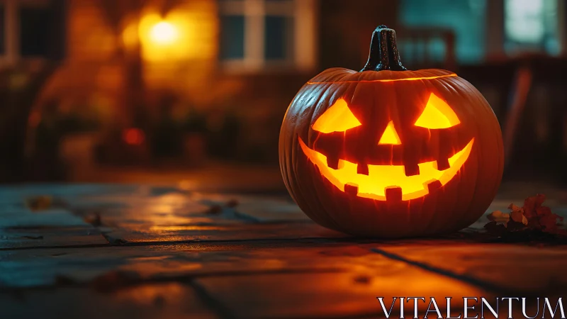 Jack-o’-lantern grin blazing on a moonlit autumn doorstep.