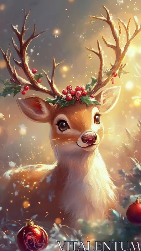 Festive young reindeer with holly antlers in glowing snow.