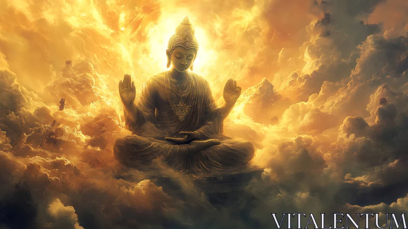 Radiant golden Buddha seated in celestial volumetric cloudscape
