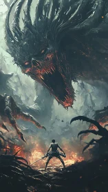 Armored warrior confronts colossal infernal dragon in flames