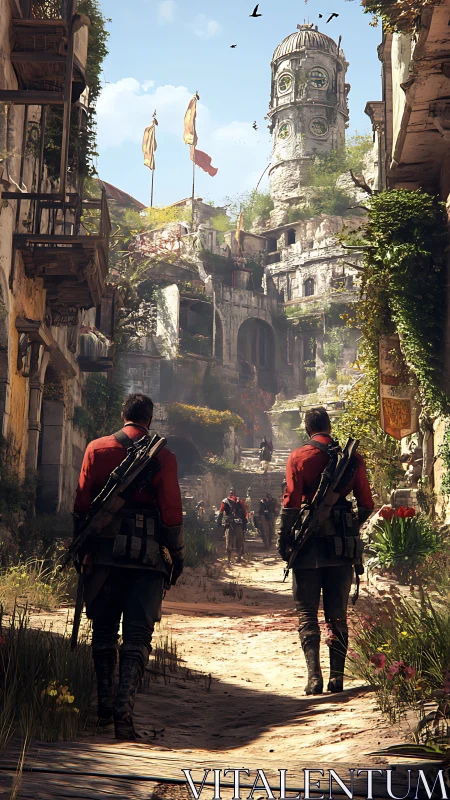 Armed patrol walking through decayed stone city street.