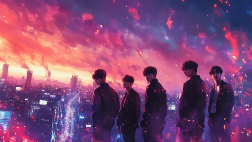 Neon skyline guardians under ember soaked twilight skies.