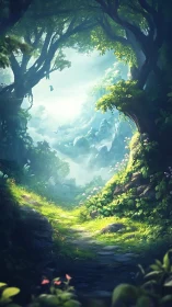 Enchanted Forest Cavern with Golden Light Streaming Through.