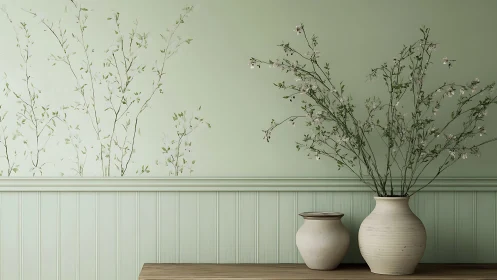 Soft green interior with white pottery and airy blossoms.