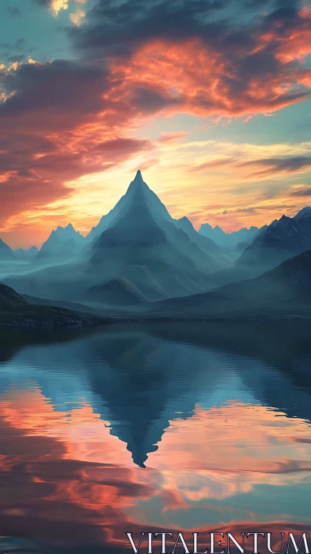 Sunrise crown over quiet mirrored mountain lake.