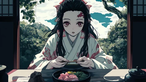 Anime girl in kimono eating colorful meal outdoors.