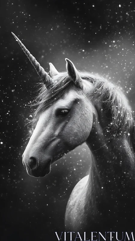 Monochrome unicorn profile with horn in diffuse particle field.