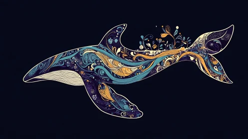 Orca silhouette filled with ornamental aquatic linework