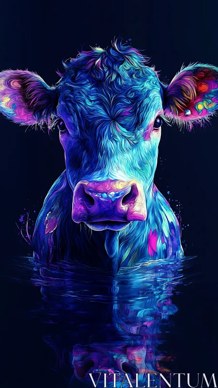 Neon blue cow portrait emerges from reflective dark water