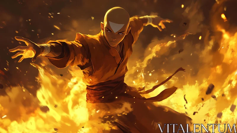 Dynamic fire-wielding monk rendered with high-energy lighting contrast