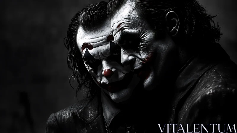 Dual sinister clowns merge in a haunting, shadowy close-up