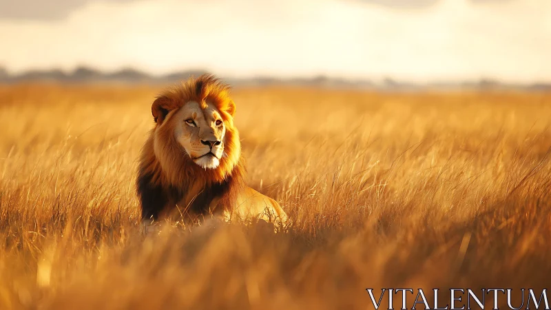 Photorealistic lion portrait in golden savanna field at dusk.