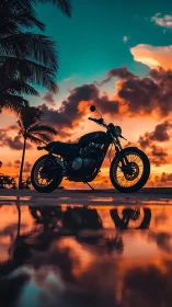 Silhouetted motorcycle captures a fiery tropical sunset ride
