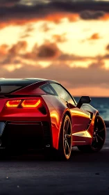 Aerodynamic red sports coupe at coastal sunset vantage point.