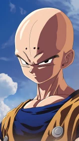 Stoic anime warrior under vivid blue sky portrait.