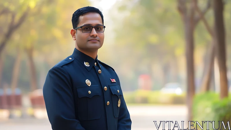 Confident officer stands in sunlit park, radiating calm pride