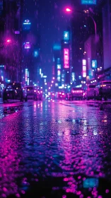 Neon city street glows through rain soaked reflective asphalt.