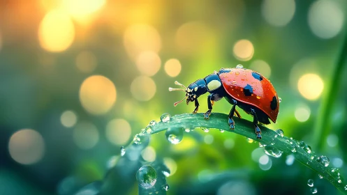 Ladybird tightrope walks a dewy leaf at sunrise glow