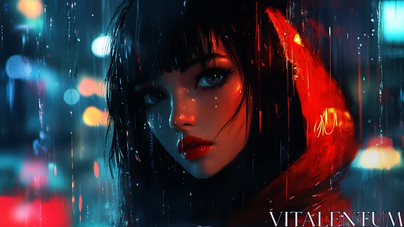 Digital portrait shows female figure in neon-lit rain scene
