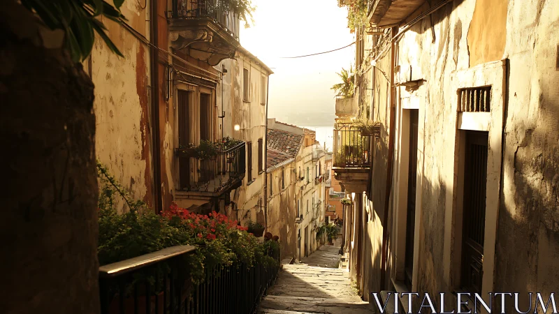 Narrow stepped alleyway between aged residential buildings.
