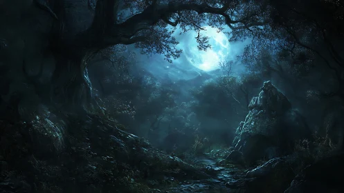 Moon-drowned forest path whispering through silver shadows.