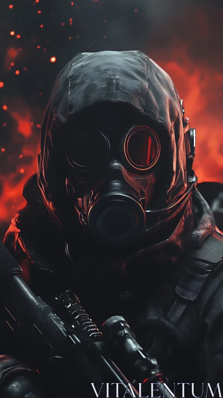 Hooded soldier in gas mask stands before burning inferno
