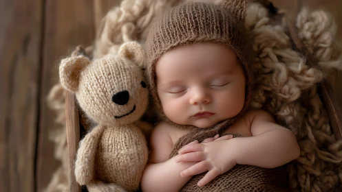 Infant sleeps beside knitted bear in shallow depth of field
