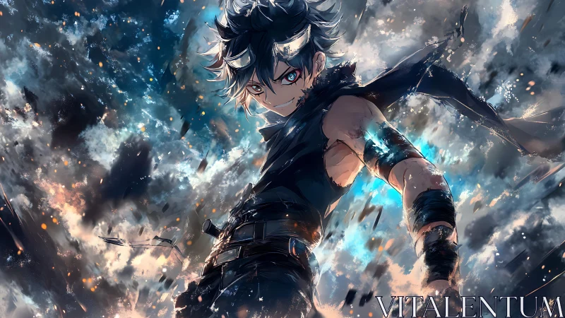 Stormforged anime warrior ignites a sky of shattered starlight.