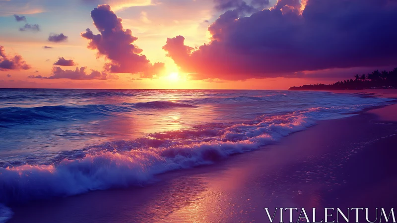Coastal shoreline with low waves under vivid sunset sky.