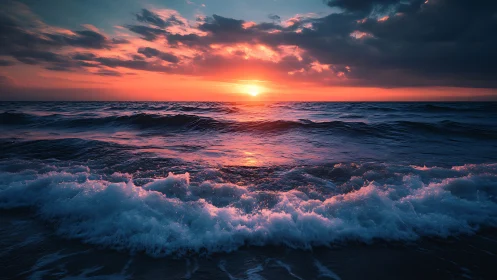 Vibrant ocean sunset over crashing shoreline waves.