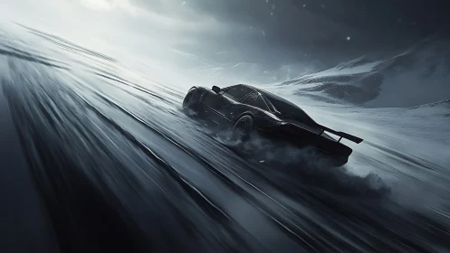 Sports car drifts across icy mountain road under storm clouds