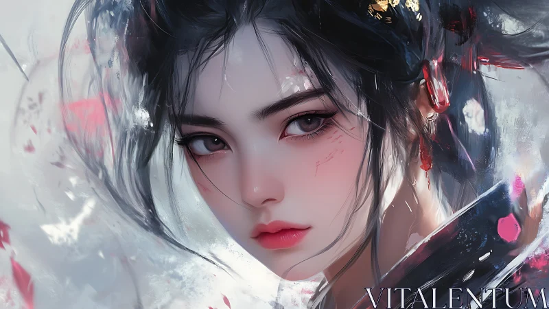 Soft storm of a warrior’s gaze in flowing digital color.